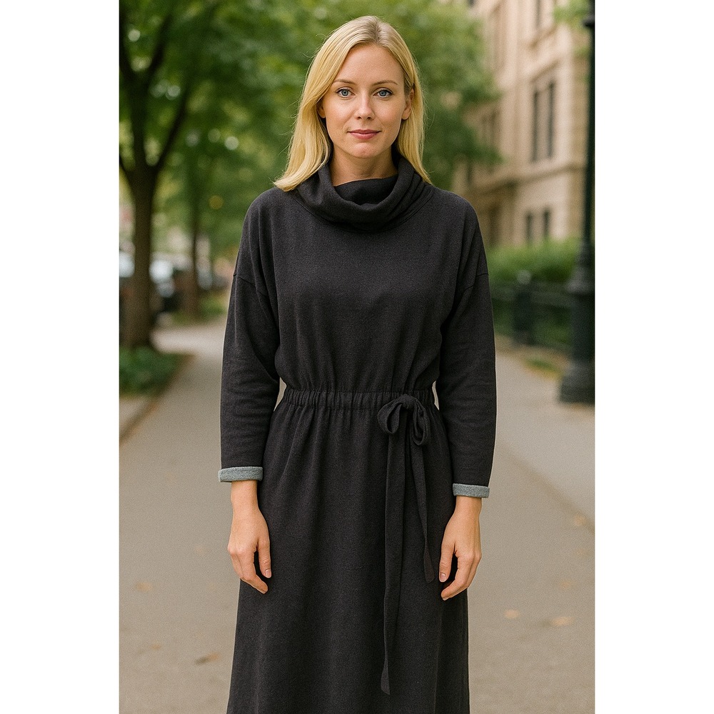 Suzanne Betro Sweater Dress Womens 1X Gray Full Length Belted Cowl Neck Plus Bow